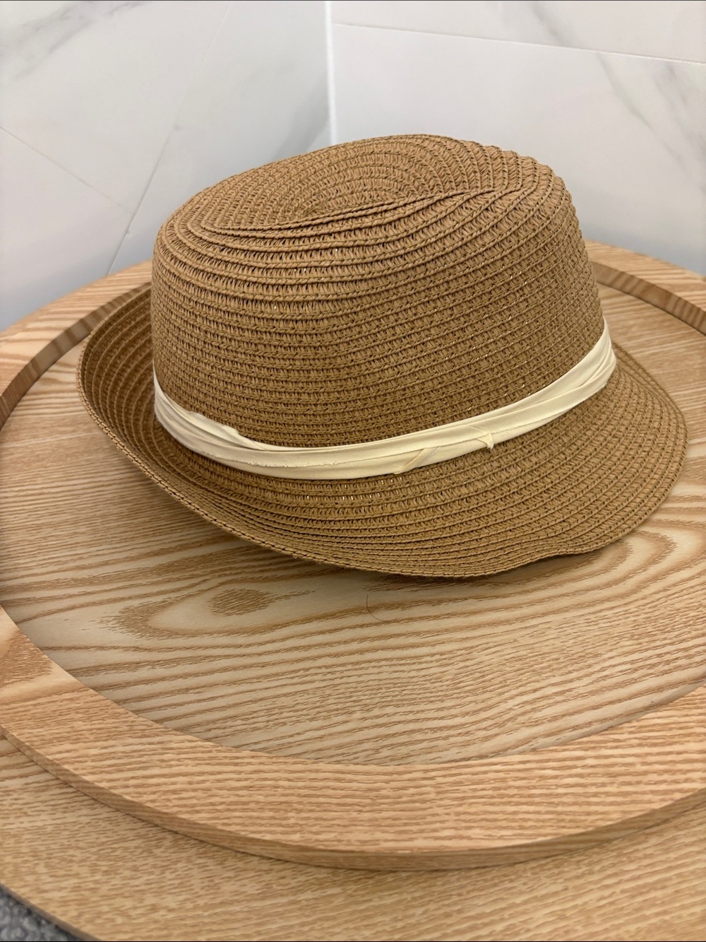 Brown Straw Fedora Hat with Cream Band